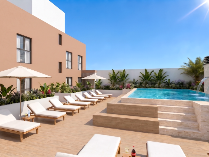 Piscina con trasera edificio